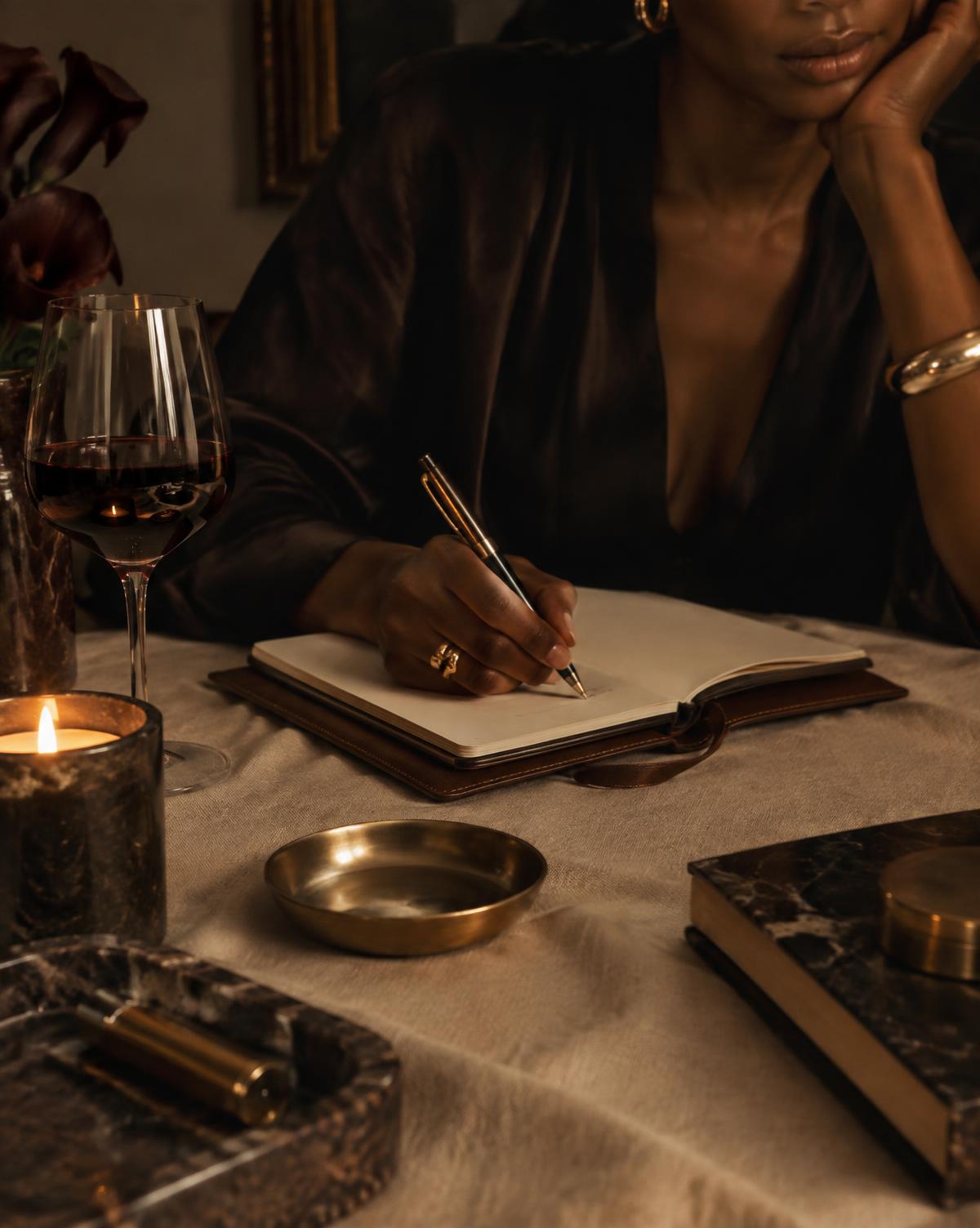 A woman writing in a leather notebook beside a candle and a glass of wine