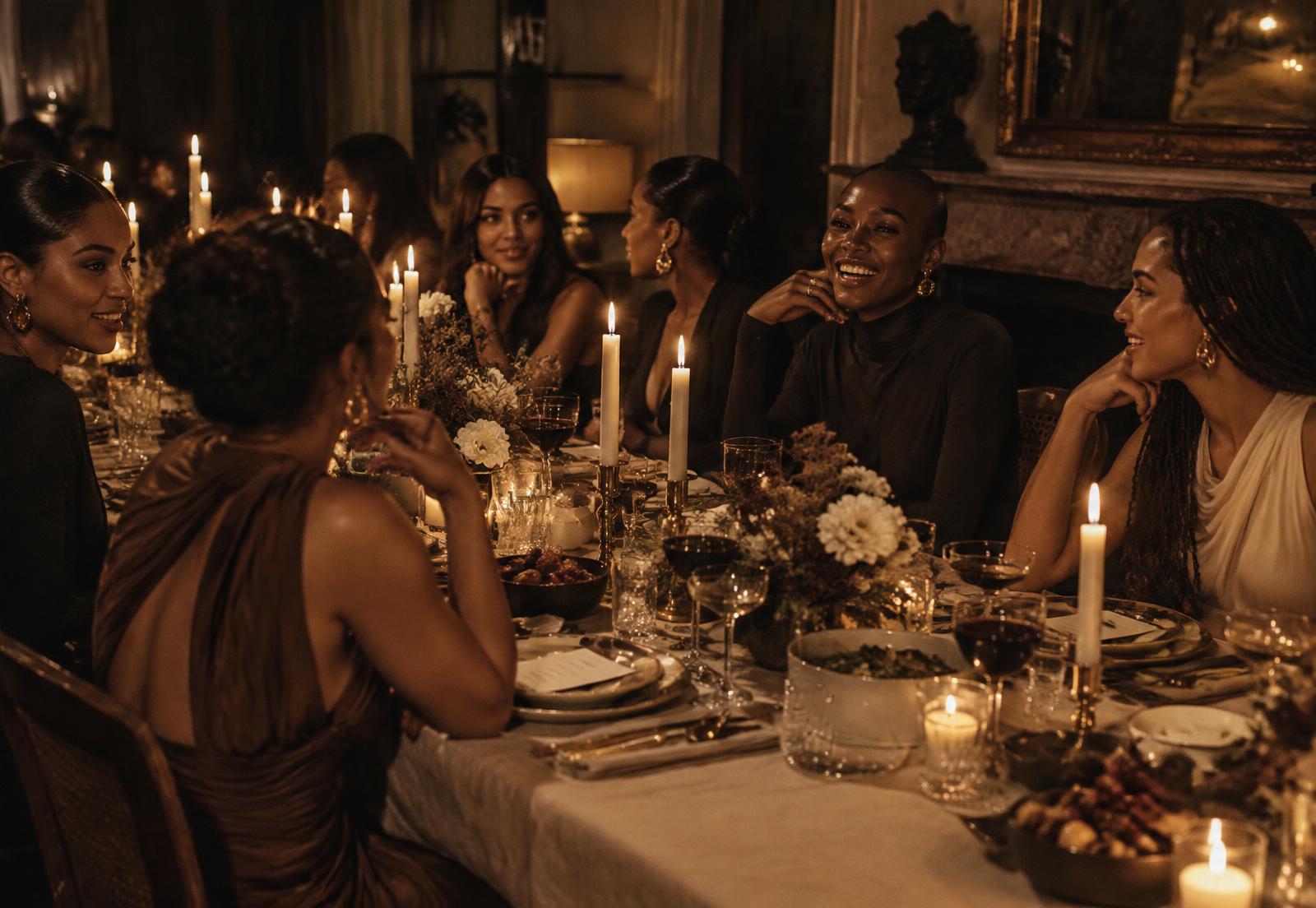 A candlelit dinner table where a group of women are in conversation